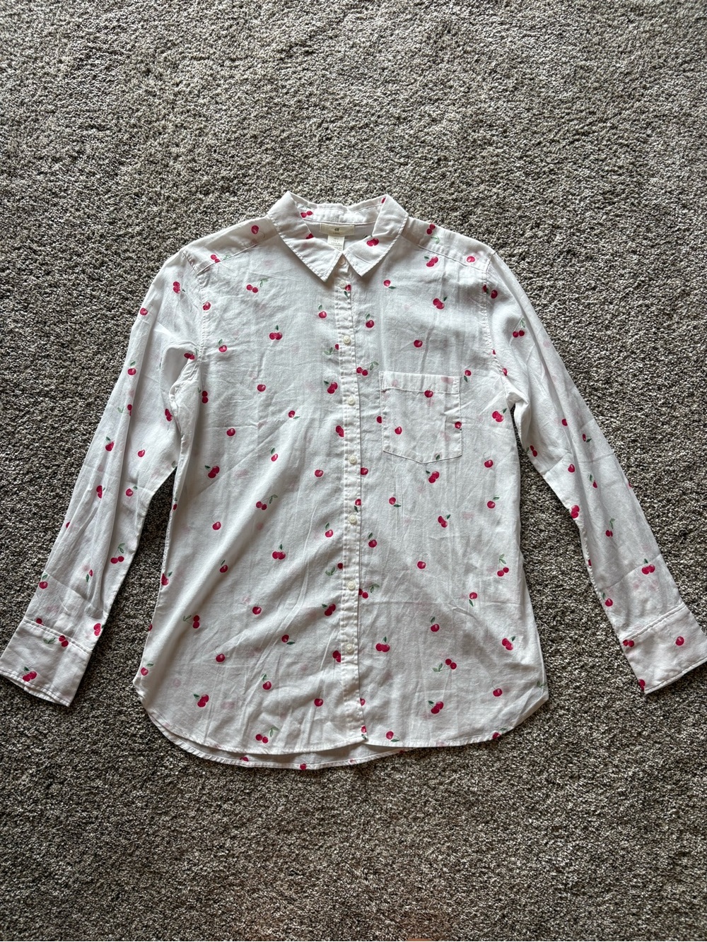 H&M White Button-Down Shirt with Red Cherry Print